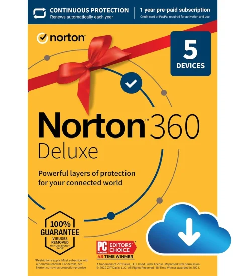 Norton 360 Deluxe, 2024 Ready, Antivirus software for 5 Devices with Auto Renewal – Includes VPN, PC Cloud Backup