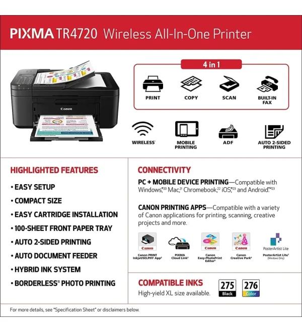 Canon PIXMA Wireless Color All-in-One Inkjet Printer, Black - Image 4