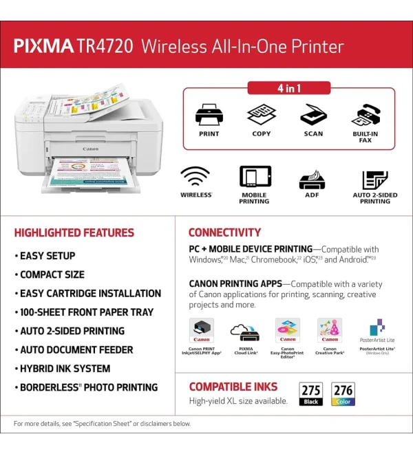 Canon PIXMA Wireless Color All-in-One Inkjet Printer, White - Print Copy Scan Fax 20-Sheet ADF, 2-Line LCD Display - Image 3