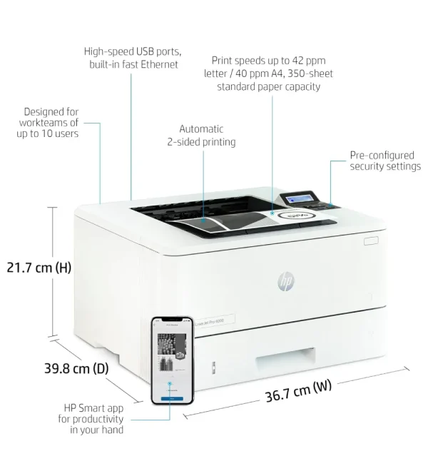 HP Laserjet Pro dn Single-Function Monochrome Laser Printer, White - Print only - Mobile Printing - Image 4