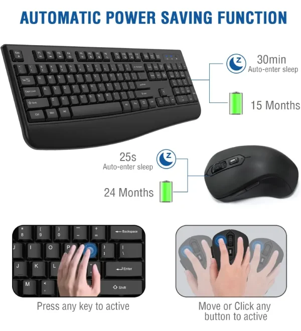 Wireless Keyboard and Mouse Combo, Full-Sized Ergonomic Computer Keyboard with Wireless - Image 2