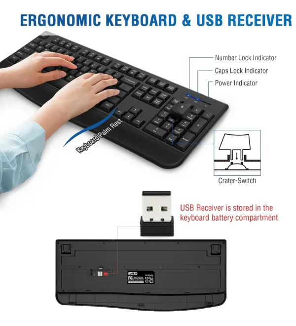 Wireless Keyboard and Mouse Combo, Full-Sized Ergonomic Computer Keyboard with Wireless - Image 3