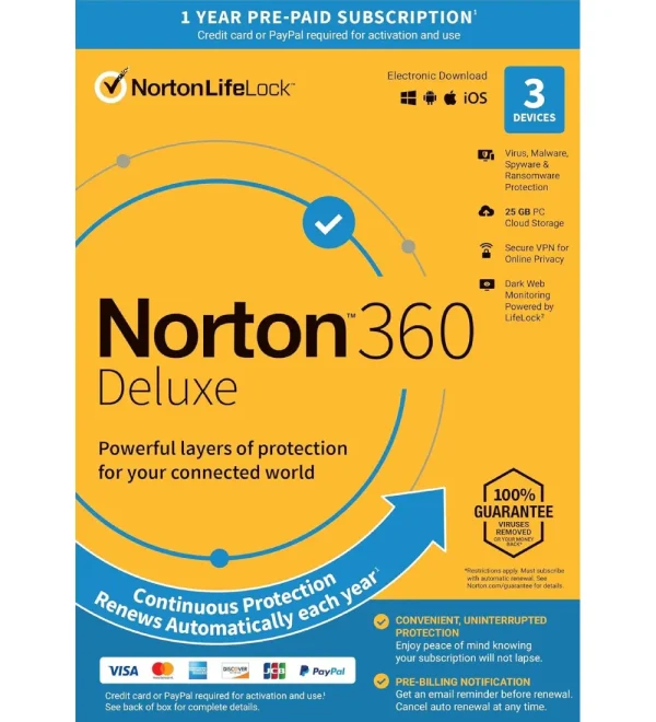 Antivirus software Norton 360 Deluxe, ready for 2024, has auto-renewal for three devices.